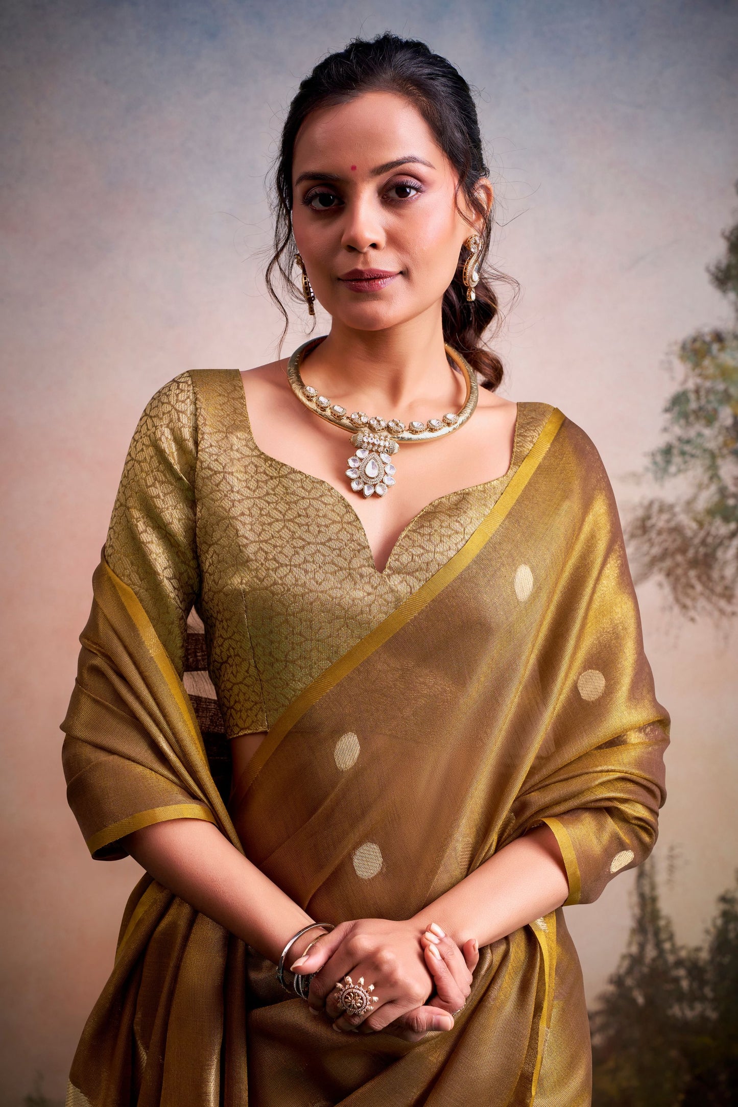 Rich Golden Brown Silk Saree Zari Polka Dot Weaving Designer Saree