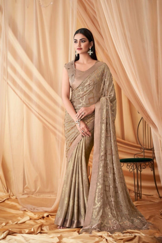 Beige Designer Saree with Subtle Golden Party Wear Saree 