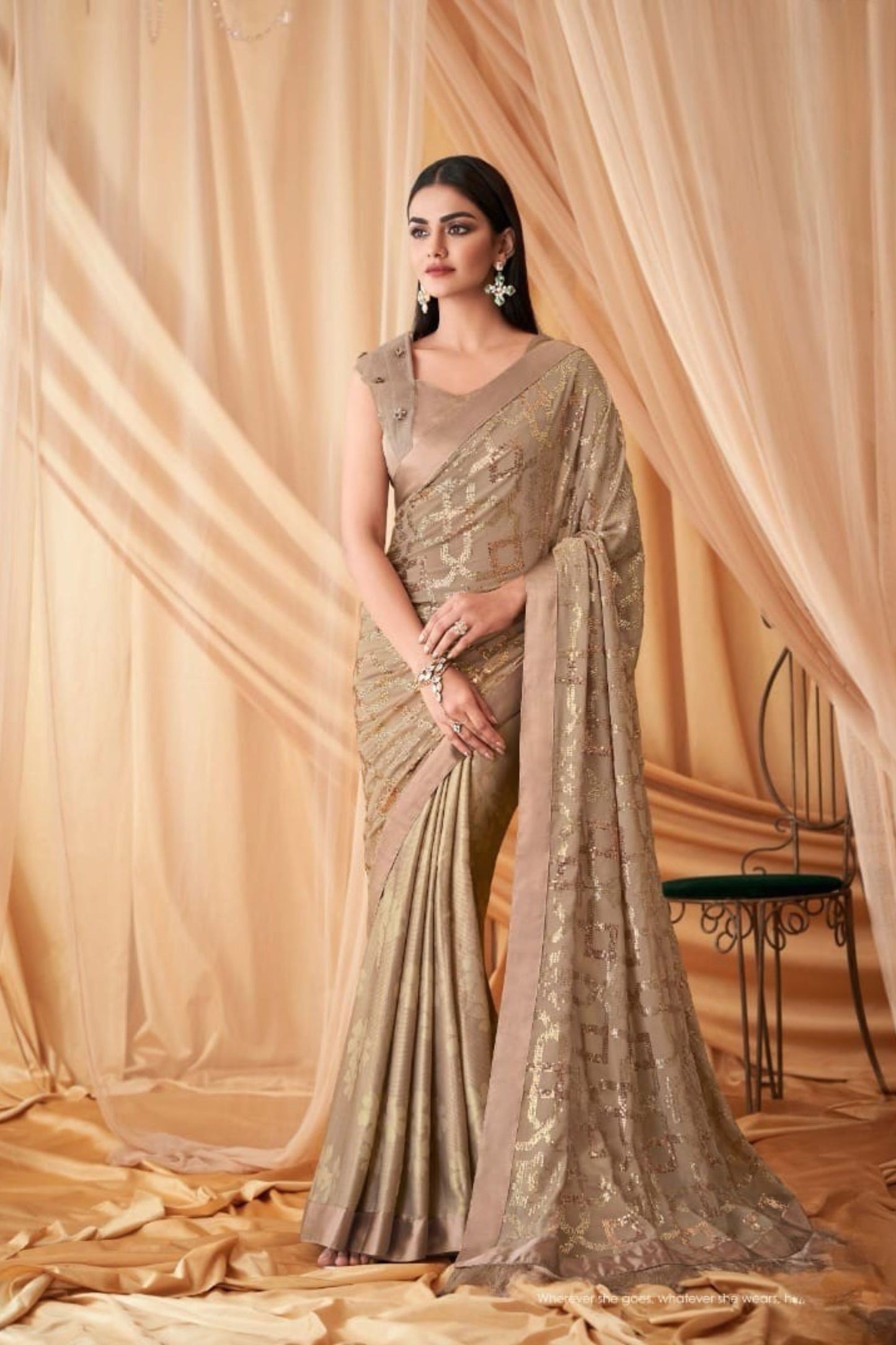 Beige Designer Saree with Subtle Golden Party Wear Saree 