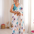 White Floral Digital Printed Linen Saree with Designer Lace Border