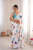 White Floral Digital Printed Linen Saree with Designer Lace Border