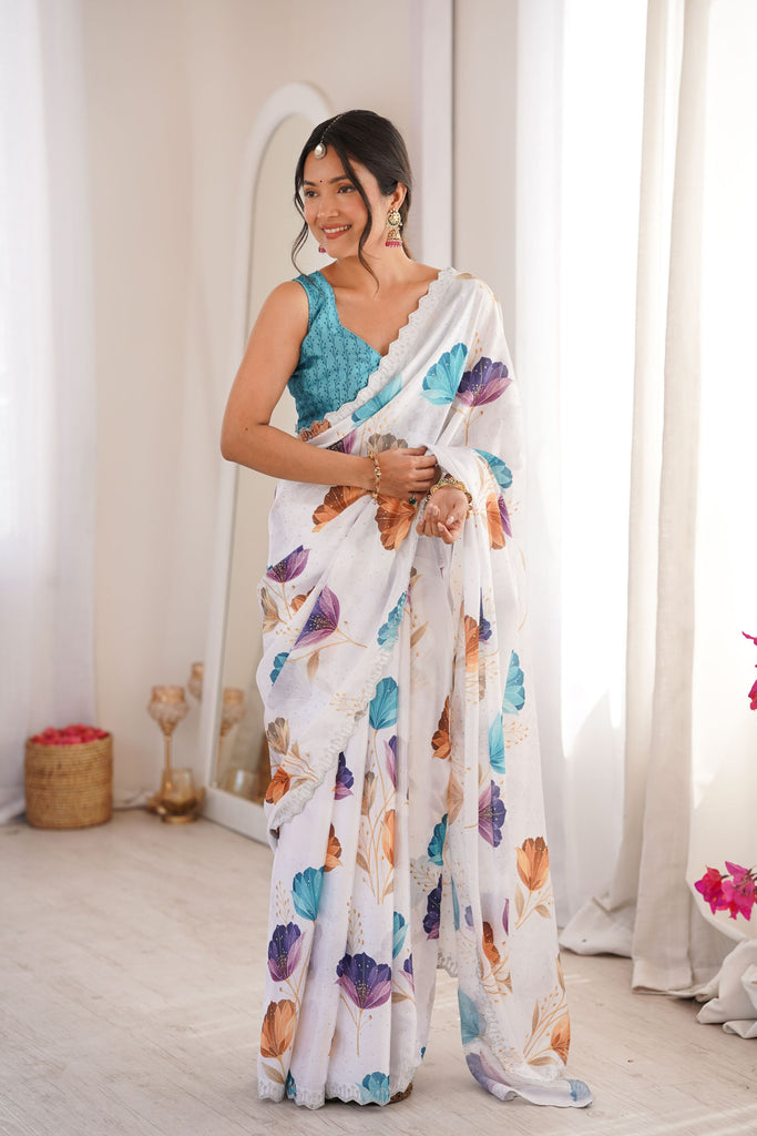 White Floral Digital Printed Linen Saree with Designer Lace Border