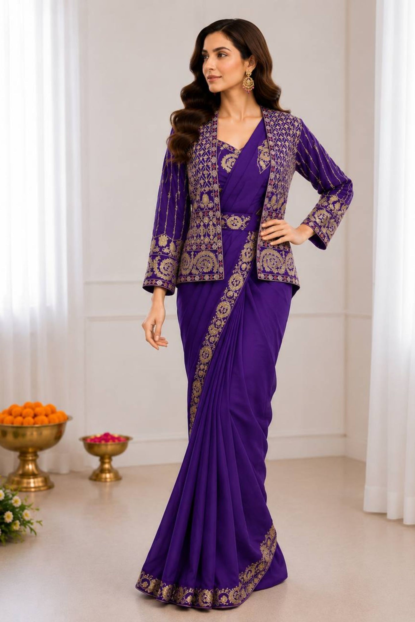 Purple Designer Saree Heavy Golden Embroidered Jacket Border