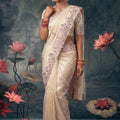 Off White Silk Designer Saree with Floral Embroidered Border