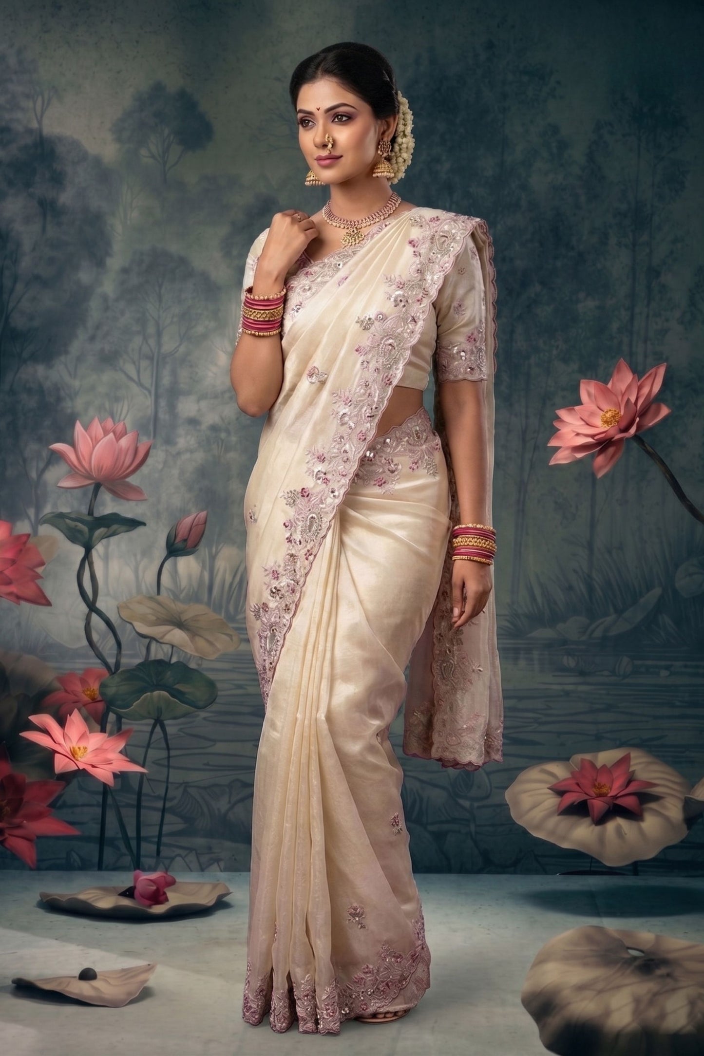 Off White Silk Designer Saree with Floral Embroidered Border