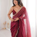 Wine Organza Silk Saree with Designer Golden Lace Border