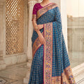 Royal Blue Paithani Silk Saree Traditional Zari Border Magenta Designer Blouse