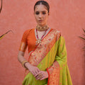 Lime Green and Orange Banarasi Silk Saree with Rich Zari  Designer Blouse