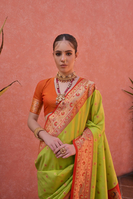Lime Green and Orange Banarasi Silk Saree with Rich Zari  Designer Blouse