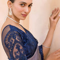 Grey Silk Saree Navy Blue Designer Embroidered Border