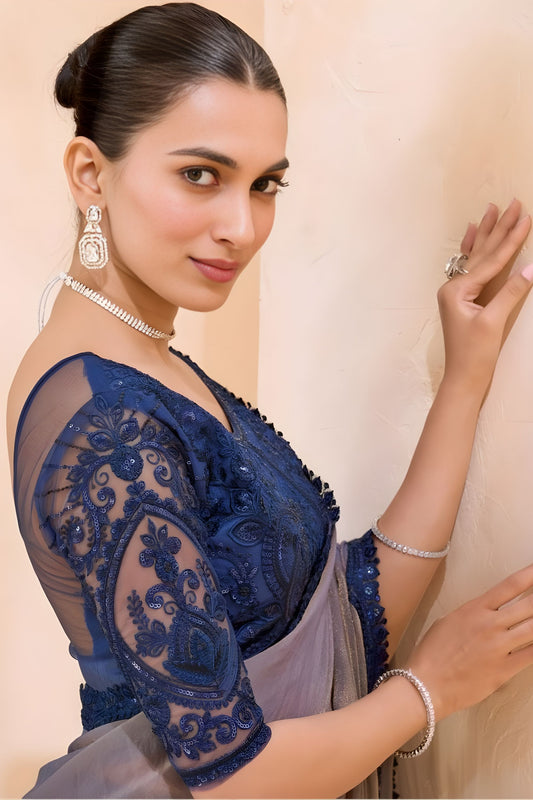 Grey Silk Saree Navy Blue Designer Embroidered Border