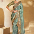Sky Blue Satin Saree Traditional Indian Festive Wear