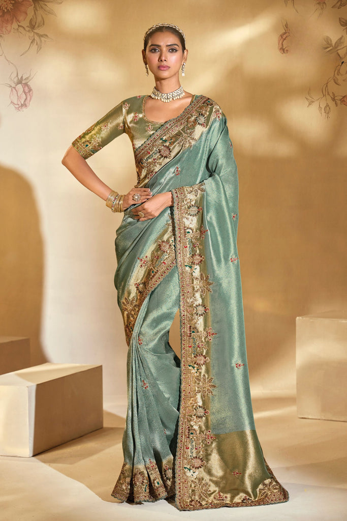 Sky Blue Satin Saree Traditional Indian Festive Wear