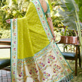 Lime Green Silk Saree with Teal Border Peacock Floral Weaving Work
