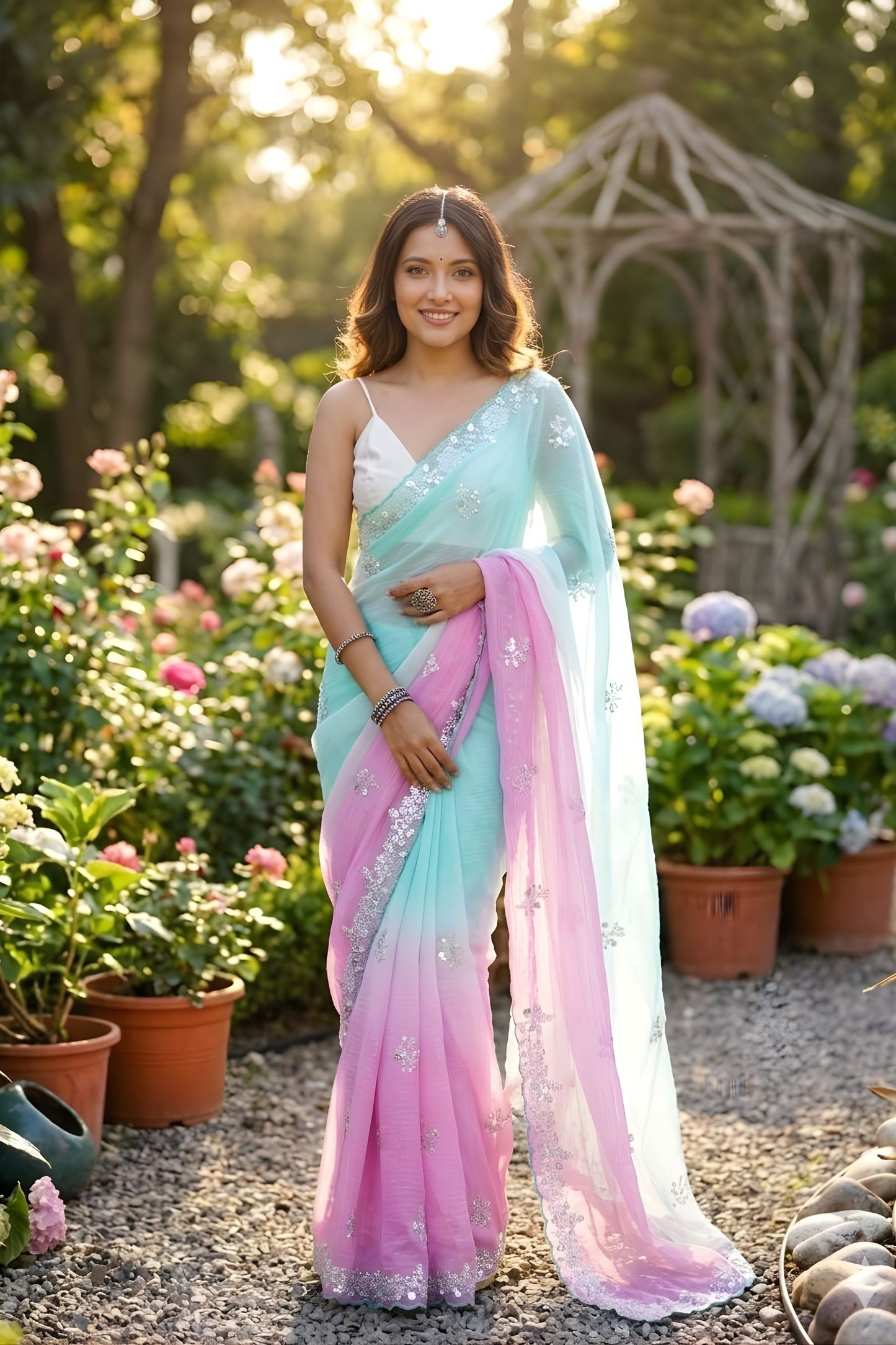 Sky Blue Pink Ombre Designer Saree with Sequin Embroidered Border