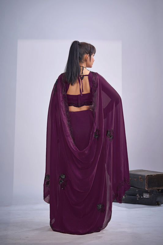 Wine Purple Organza Silk Saree Floral Embroidery Designer Blouse