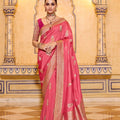 Peach Pink Banarasi Silk Saree with Golden Zari Contrast Magenta Blouse