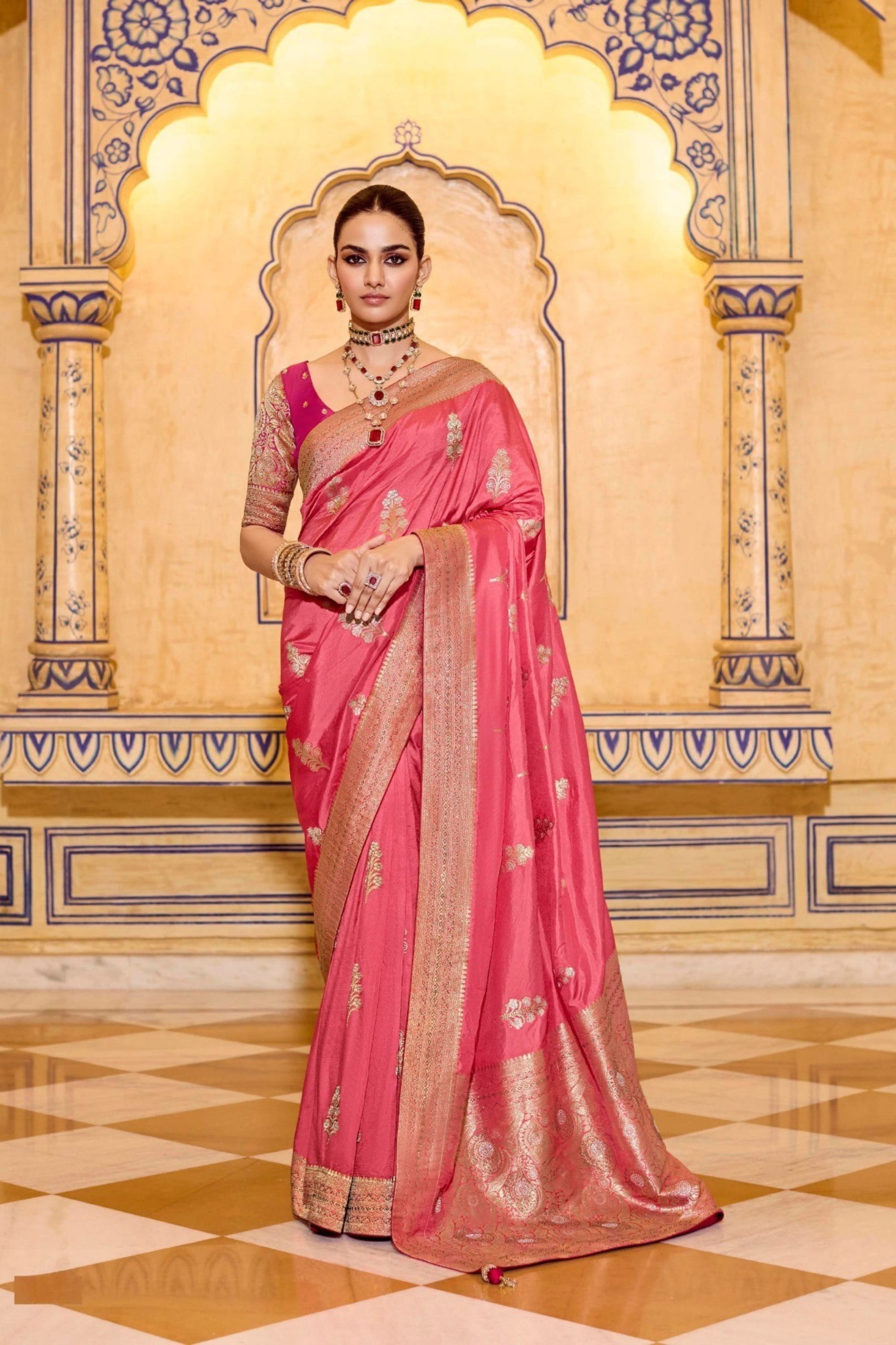 Peach Pink Banarasi Silk Saree with Golden Zari Contrast Magenta Blouse