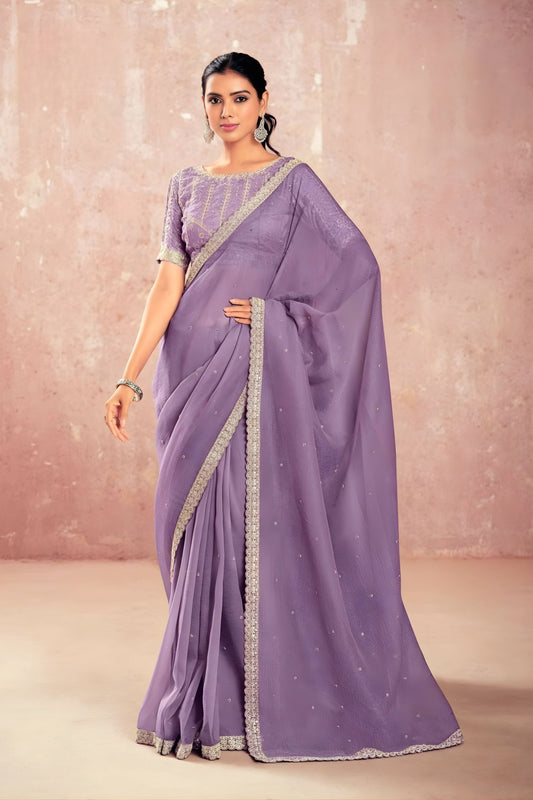 Lavender Georgette Saree with Silver Lace Border Embroidered Blouse