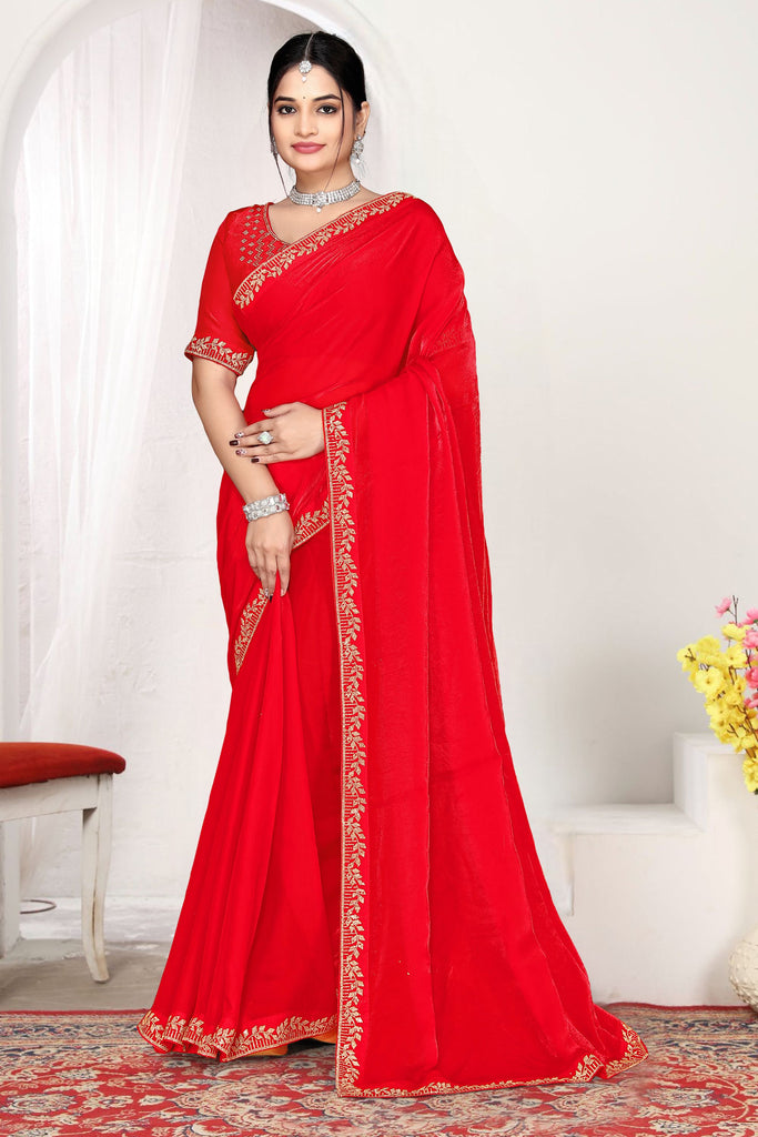 Red Silk Saree with Rich Golden Zari Border Designer Saree