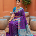 Purple Silk Saree Teal Green Contrast Border Traditional Wear