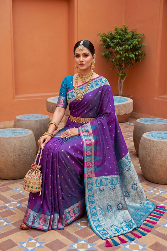 Purple Silk Saree Teal Green Contrast Border Traditional Wear