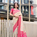 Cream And Pink Patola Print Saree with Intricate Border Festive Wear