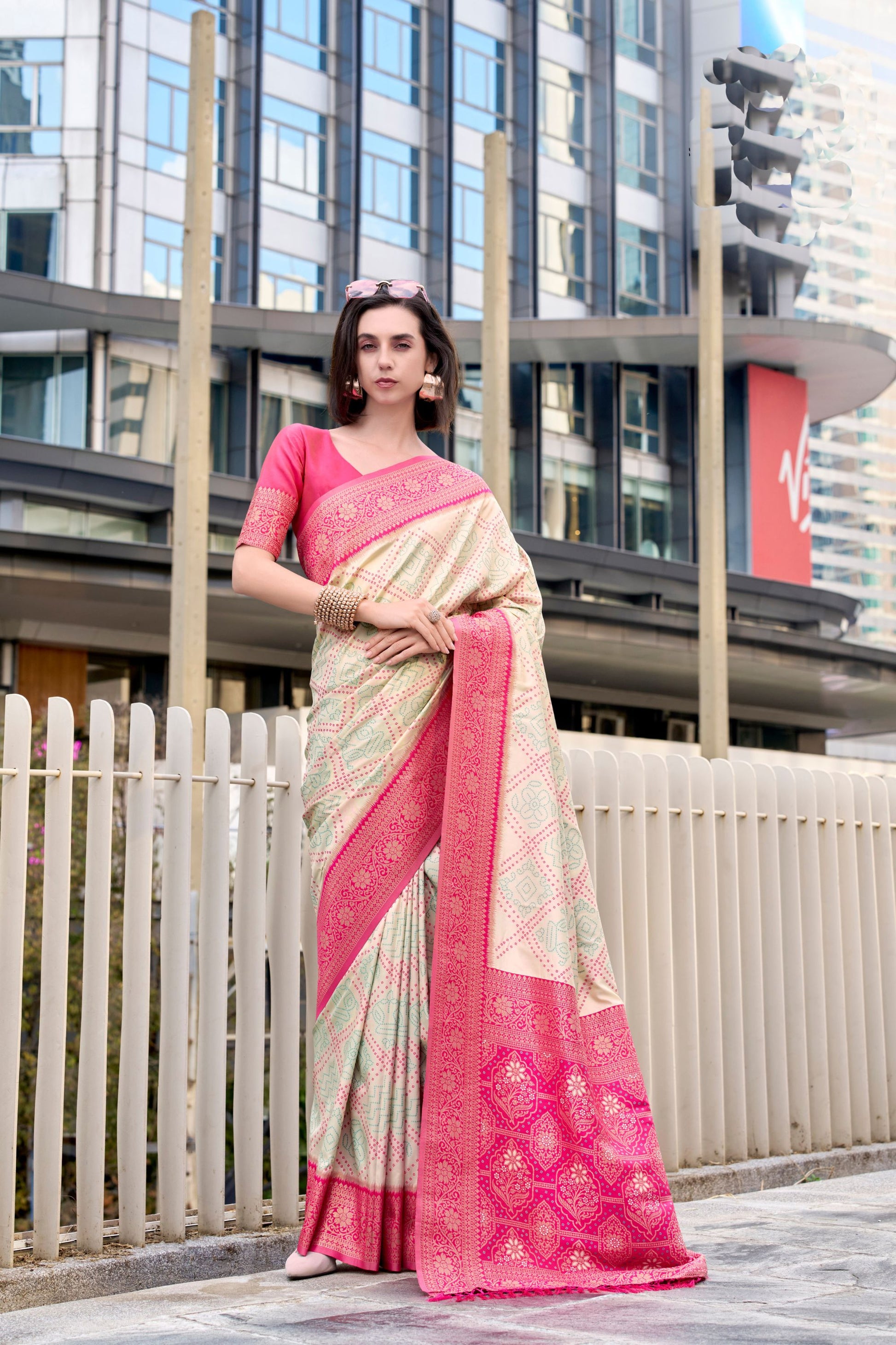 Cream And Pink Patola Print Saree with Intricate Border Festive Wear
