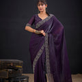 Wine Purple Silk Saree Antique Silver Zari Border Party Wear Saree