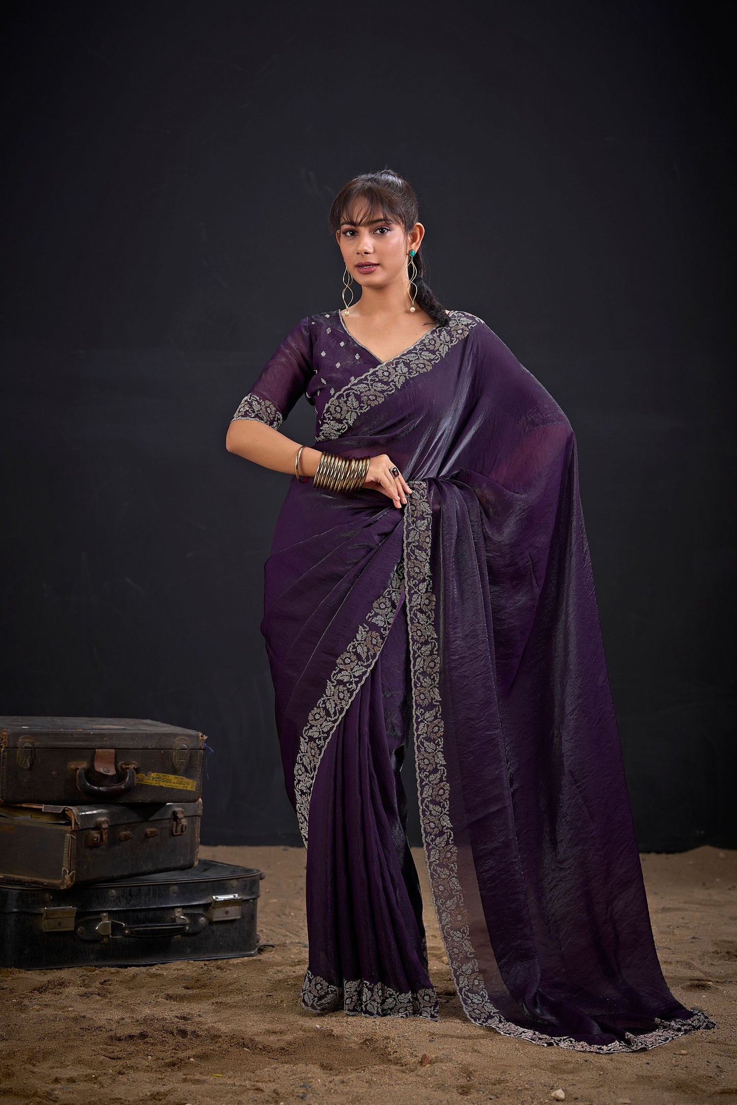 Wine Purple Silk Saree Antique Silver Zari Border Party Wear Saree