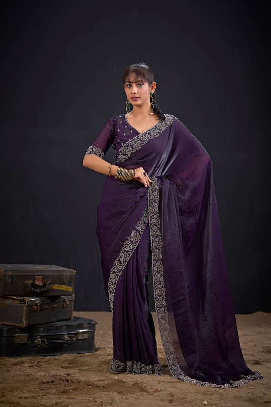 Wine Purple Silk Saree Antique Silver Zari Border Party Wear Saree