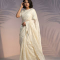 Off-White Silk Saree with Embroidered Border Designer Blouse