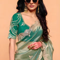 Sea Green Designer Embroidered Silk Saree Heavy Border Blouse Piece