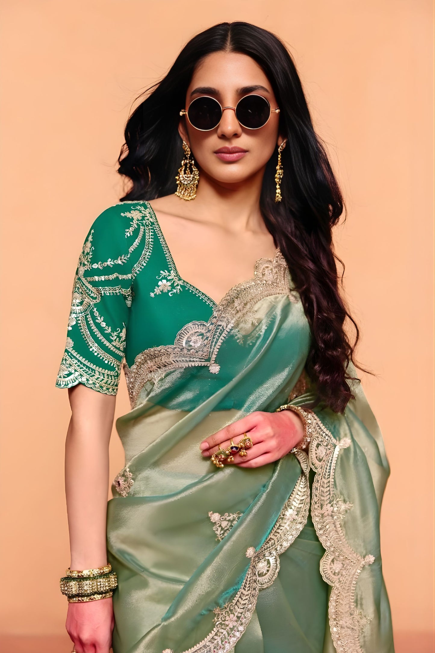 Sea Green Designer Embroidered Silk Saree Heavy Border Blouse Piece