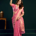 Pink Soft Silk Saree with Floral Embroidery Gold Zari Border