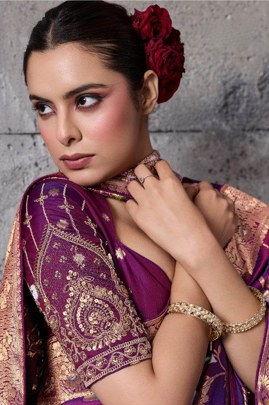 Magenta Banarasi Silk Saree Gold Zari Border Floral Weaving Saree