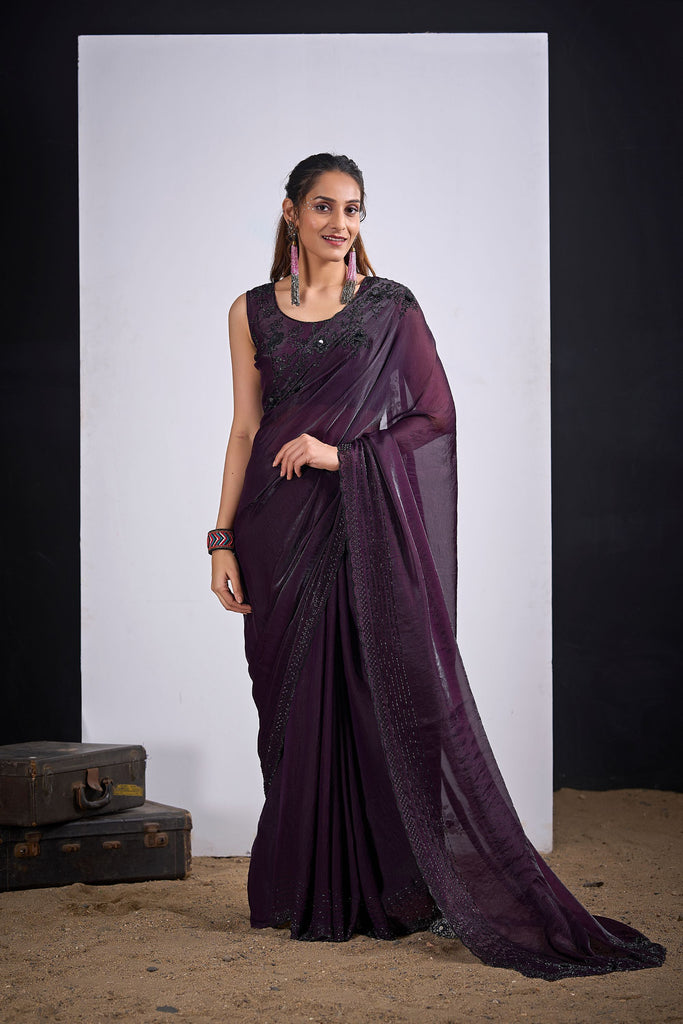 Wine Purple Organza Silk Saree Black Embroidered Blouse Designer Saree