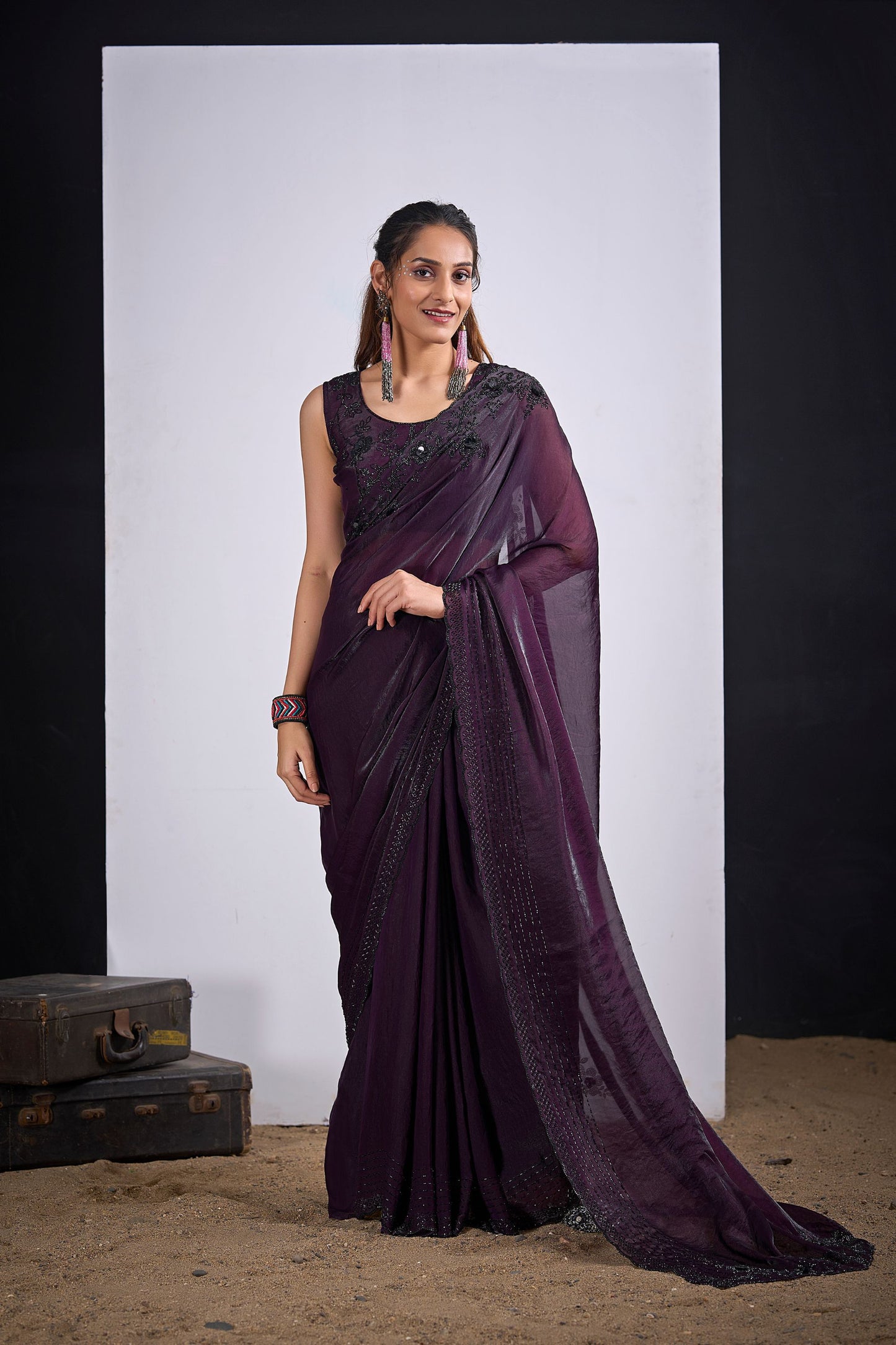 Wine Purple Organza Silk Saree Black Embroidered Blouse Designer Saree