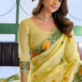 Lemon Yellow Linen Cotton Printed Saree with Floral Border and Blouse