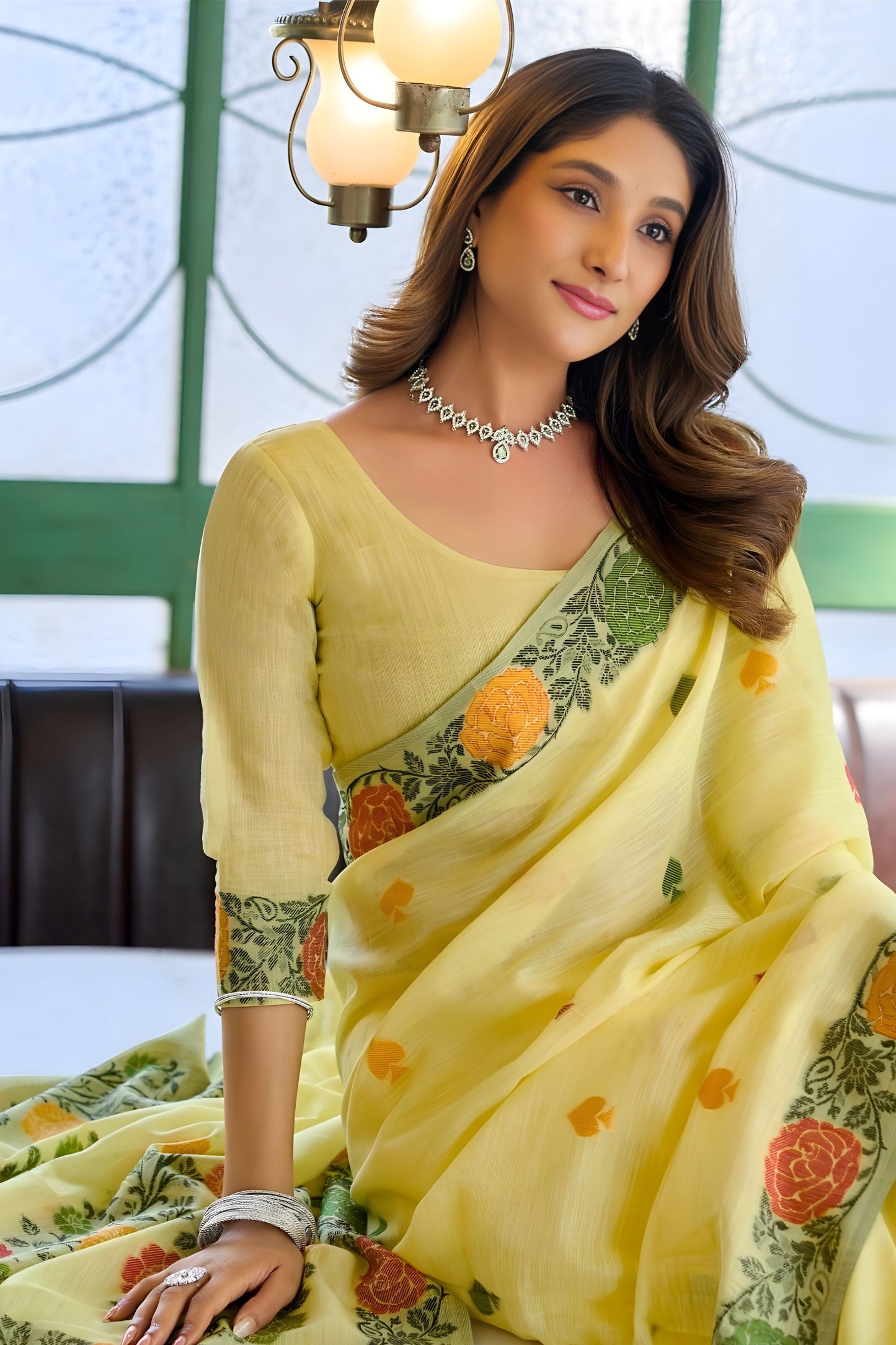 Lemon Yellow Linen Cotton Printed Saree with Floral Border and Blouse