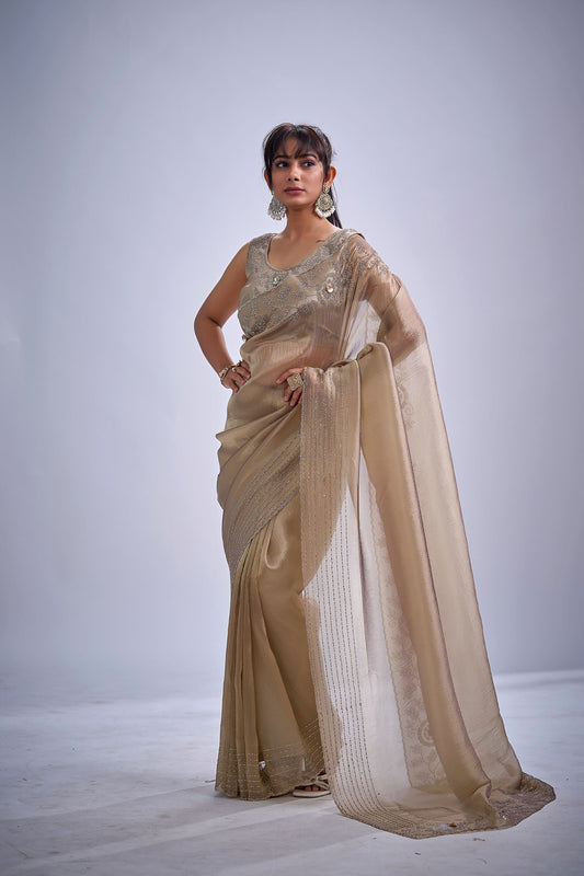 Golden Beige Silk Saree with Zari Embroidery Designer Blouse
