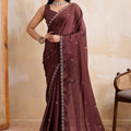 Wine Brown Georgette Saree with Silver Zari Border Butti Work 