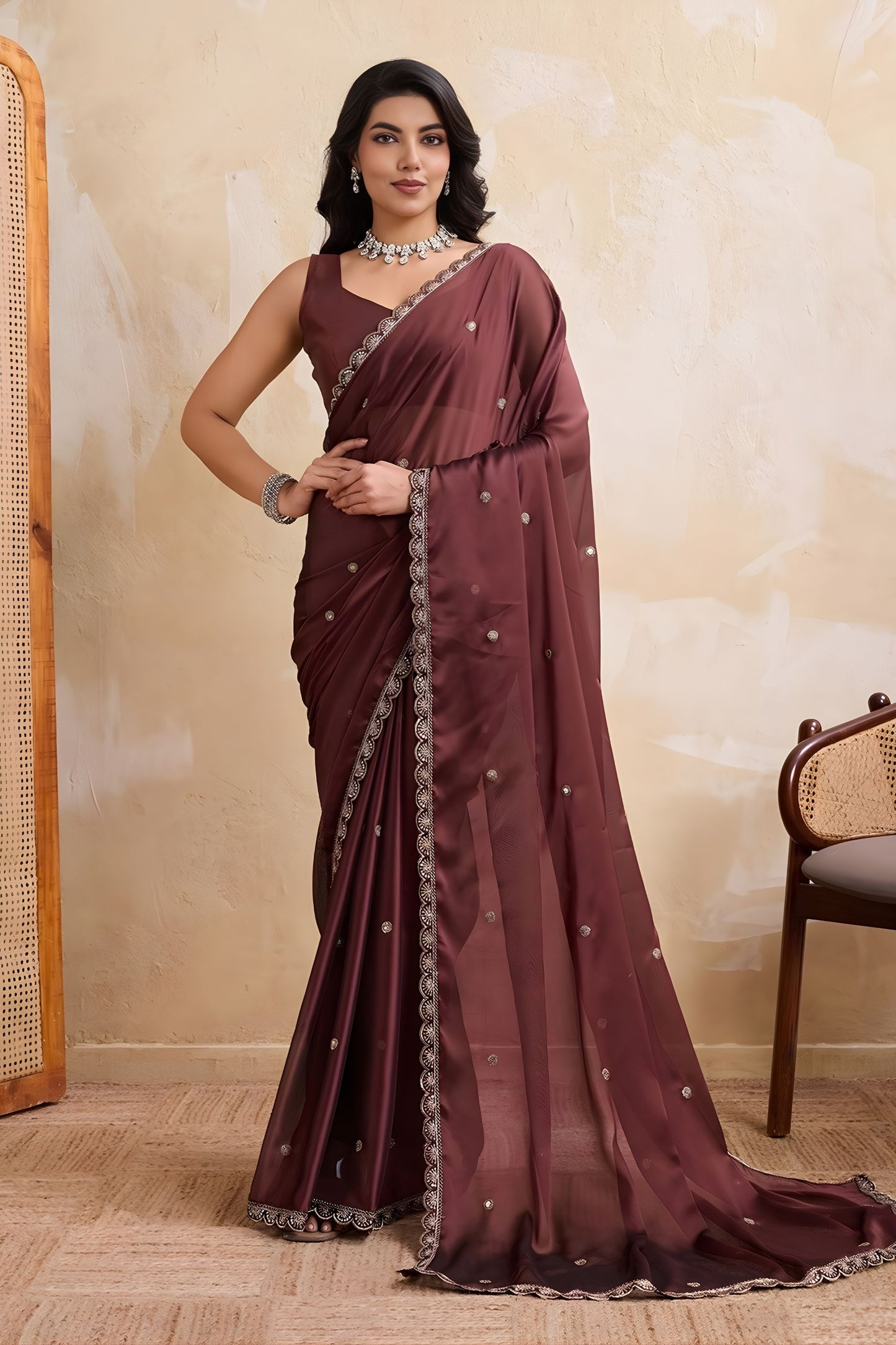 Wine Brown Georgette Saree with Silver Zari Border Butti Work 