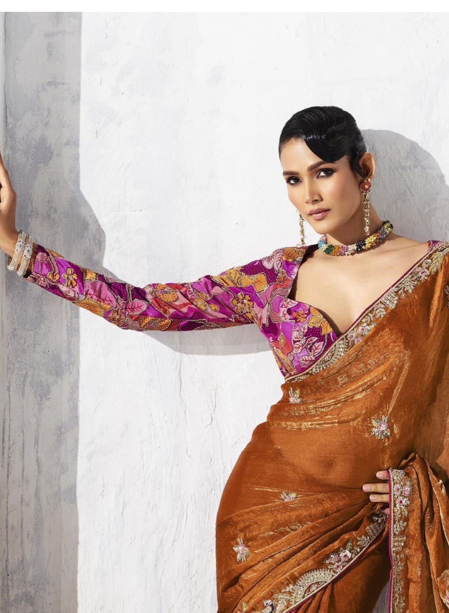 Rust Orange Silk Saree with Golden Pink Designer Blouse