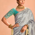 Silver Grey Soft Silk Saree with Zari Border Designer Blouse