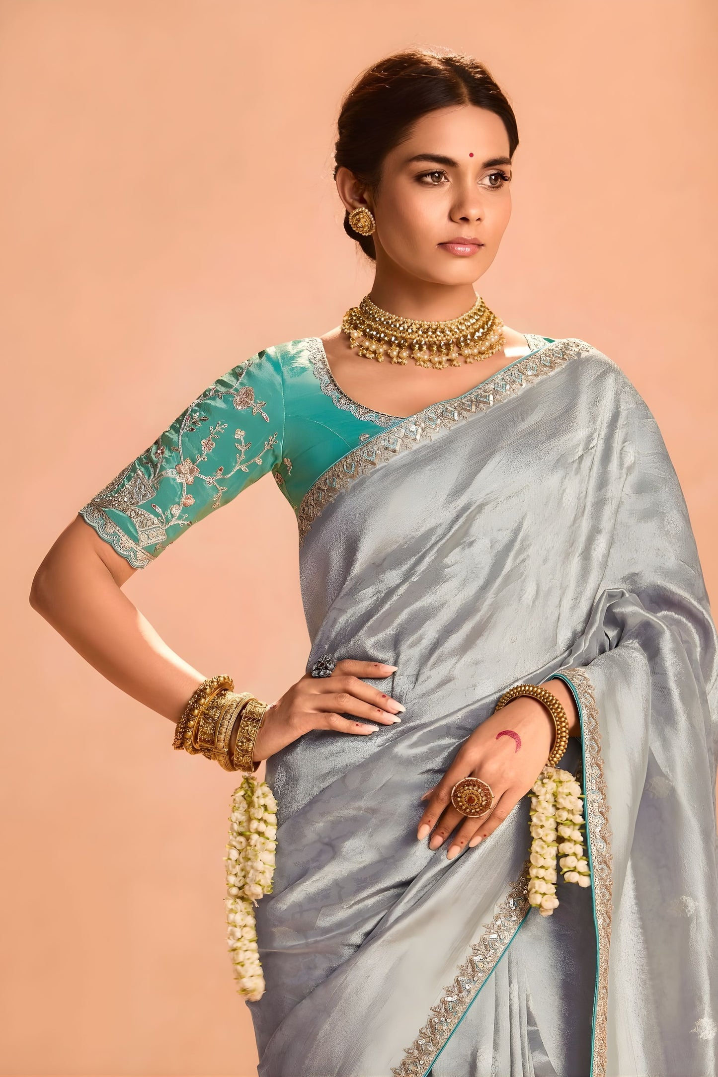 Silver Grey Soft Silk Saree with Zari Border Designer Blouse