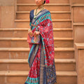 Red and Navy Blue Printed Linen Silk Saree with Designer Border