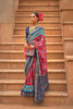 Red and Navy Blue Printed Linen Silk Saree with Designer Border