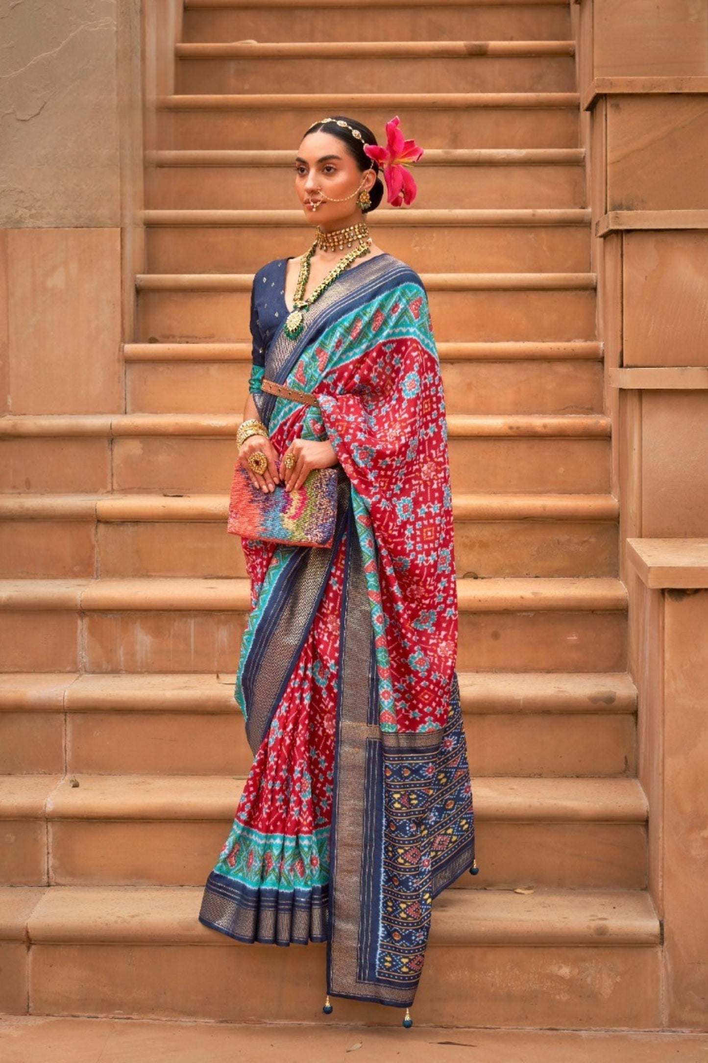 Red and Navy Blue Printed Linen Silk Saree with Designer Border