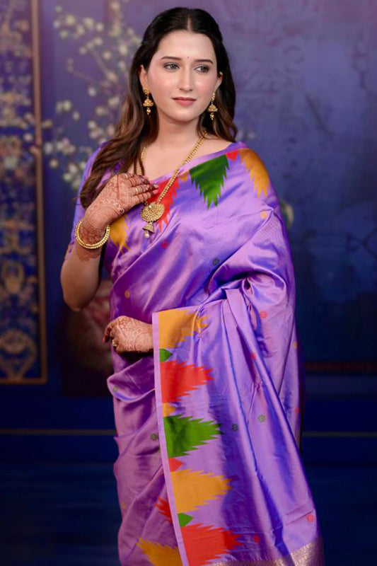 Lavender Soft Silk Saree with Multicolor Designer Border Rich Zari Pallu